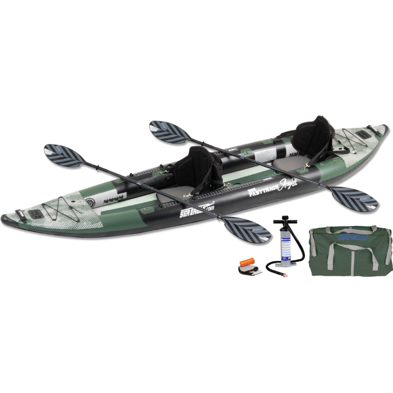 Sea Eagle 385FTA FastTrack Angler Inflatable Fishing Kayak Inflatable kayak with paddles, pump, and bag on a white background