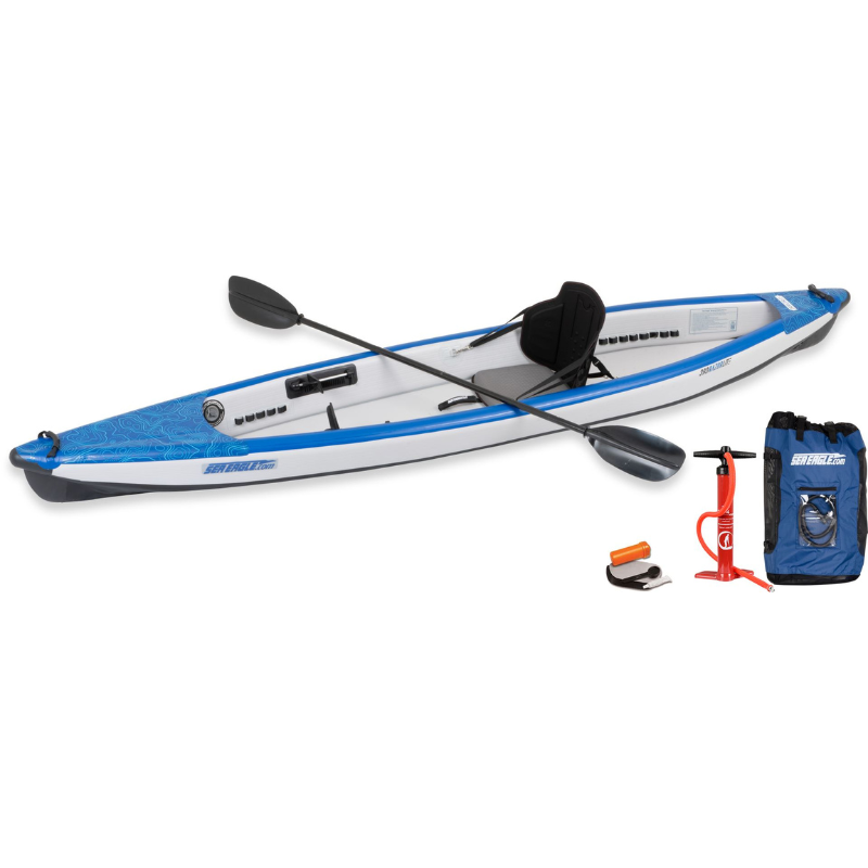 Sea Eagle RazorLite 393RL Inflatable Kayak Inflatable kayak with paddle, pump, and accessories on a white background