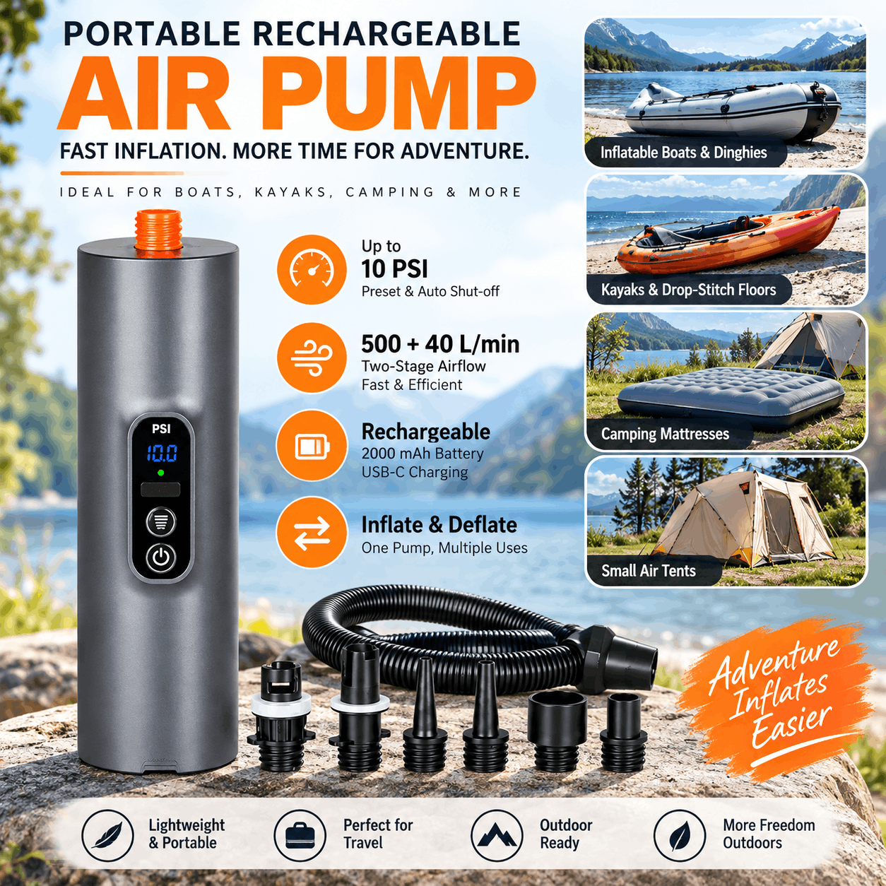 Rechargeable Two-Stage Air Pump with 6 Valve Adapters – 10 PSI Rechargeable Two-Stage Air Pump with 6 Valve Adapters – 10 PSI
