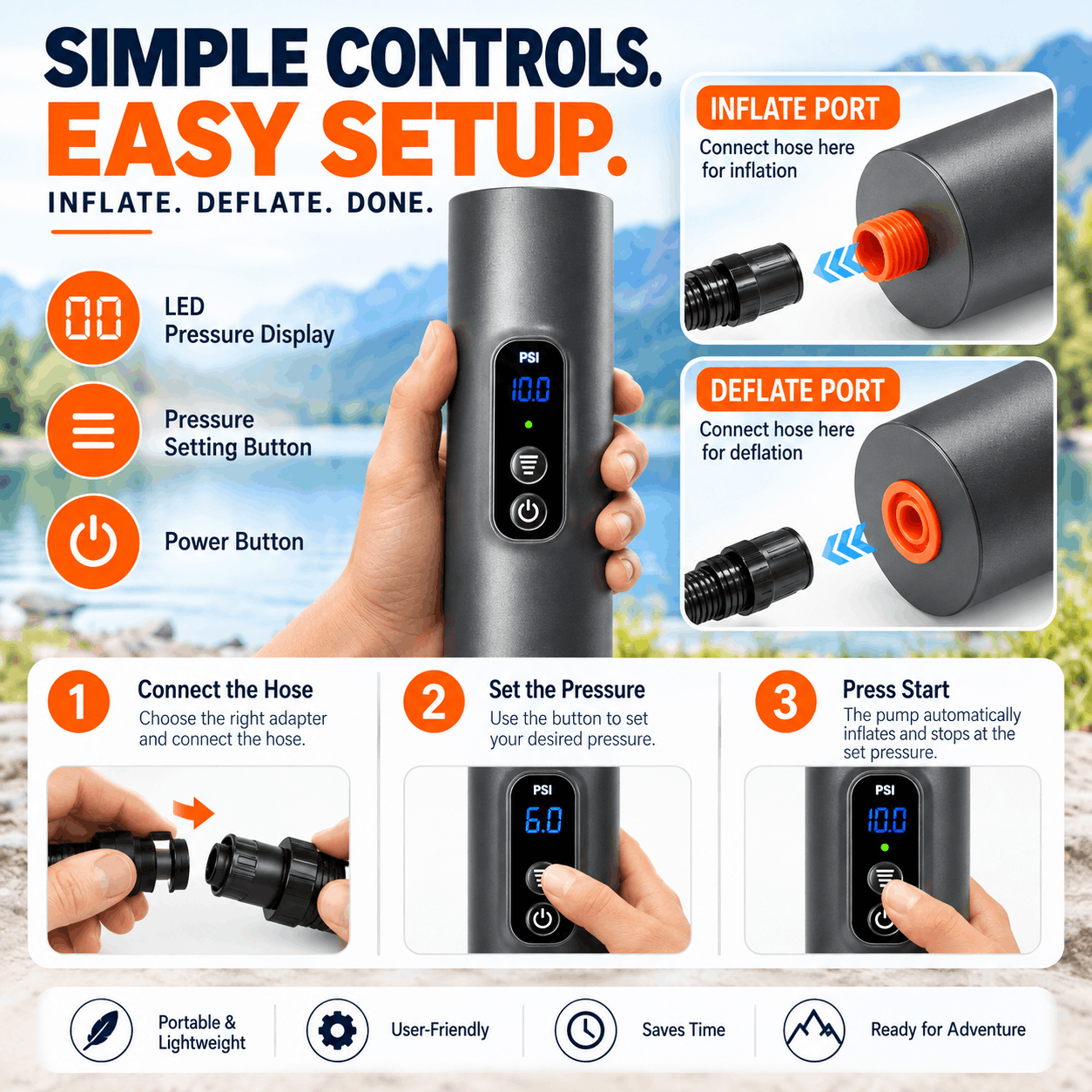 Rechargeable Two-Stage Air Pump with 6 Valve Adapters – 10 PSI Rechargeable Two-Stage Air Pump with 6 Valve Adapters – 10 PSI