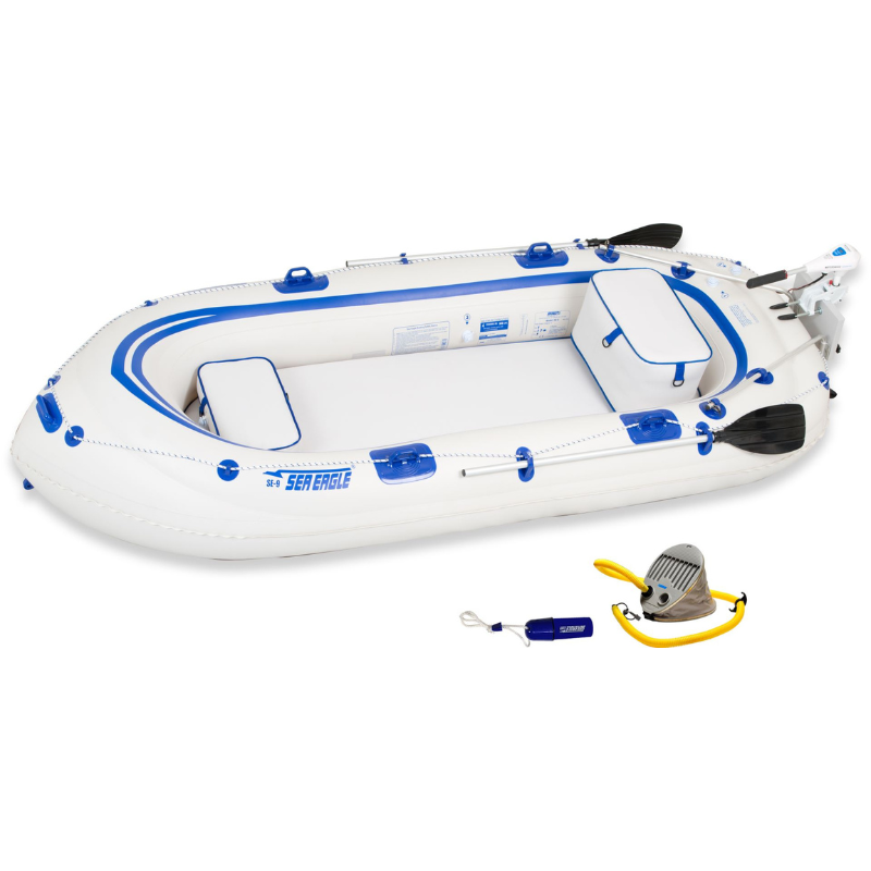 Sea Eagle SE9 Motor Mount Inflatable Boat Inflatable boat with blue accents and accessories on a white background