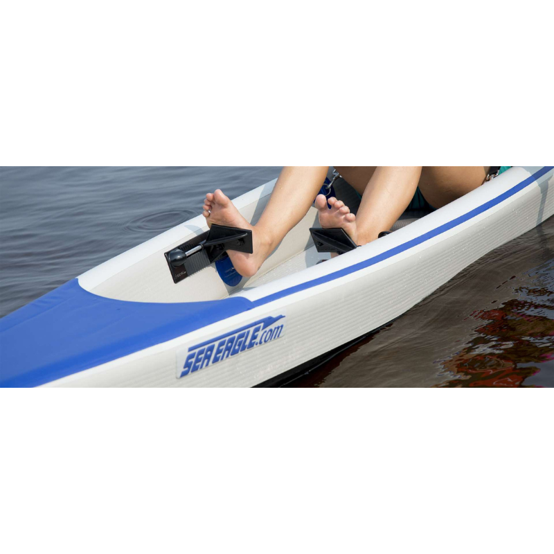 Sea Eagle RazorLite 393RL Inflatable Kayak Inflatable kayak with a person paddling on water, featuring the brand 'Seaeagle'.