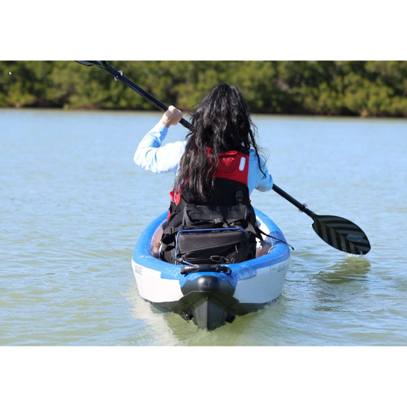 Sea Eagle RazorLite 393RL Inflatable Kayak Person kayaking on a calm body of water with trees in the background