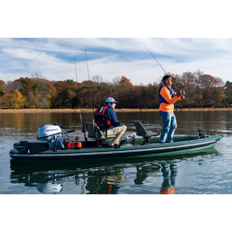 Sea Eagle FSK16 FishSkiff Inflatable Fishing Boat Two people fishing on a boat on a lake with trees in the background