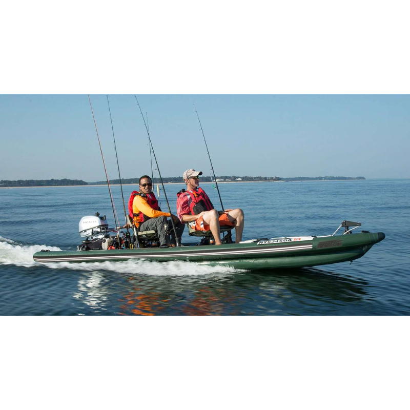 Sea Eagle FSK16 FishSkiff Inflatable Fishing Boat Two people on an inflatable boat with fishing equipment on a calm lake.