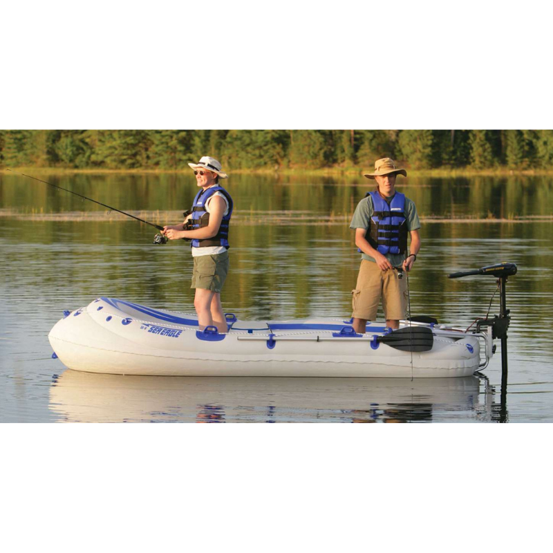 Sea Eagle SE9 Motor Mount Inflatable Boat Two people on an inflatable boat with fishing equipment on a lake.