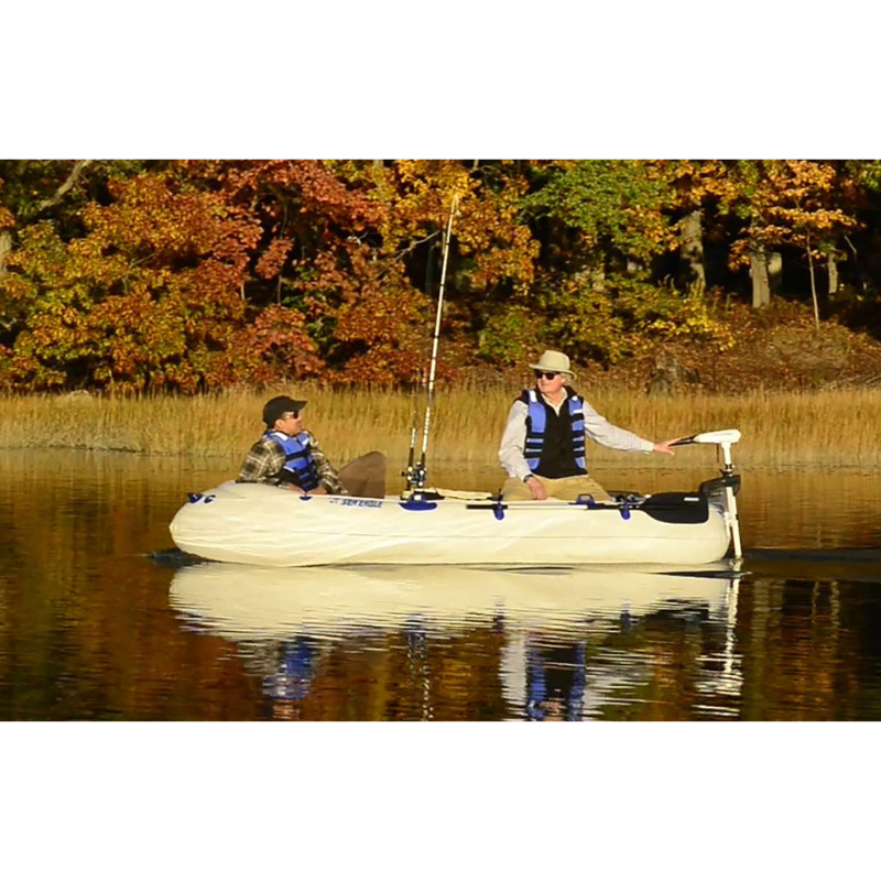 Sea Eagle SE9 Motor Mount Inflatable Boat Two people on an inflatable boat on a calm lake with autumn trees in the background