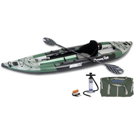 Inflatable kayak with paddle, pump, and bag on a white background