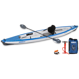 Inflatable kayak with paddle, pump, and accessories on a white background