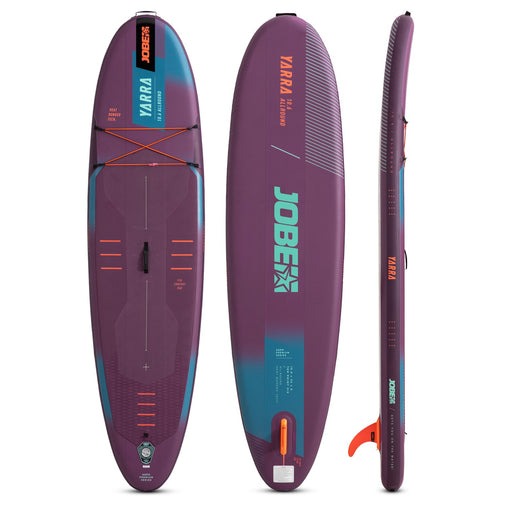 Purple and blue Jobe inflatable stand-up paddleboard on a white background