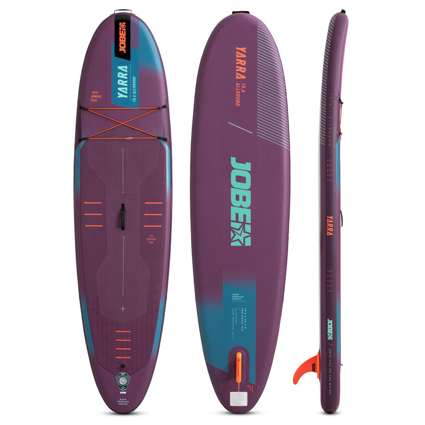 Purple and blue Jobe inflatable stand-up paddleboard on a white background