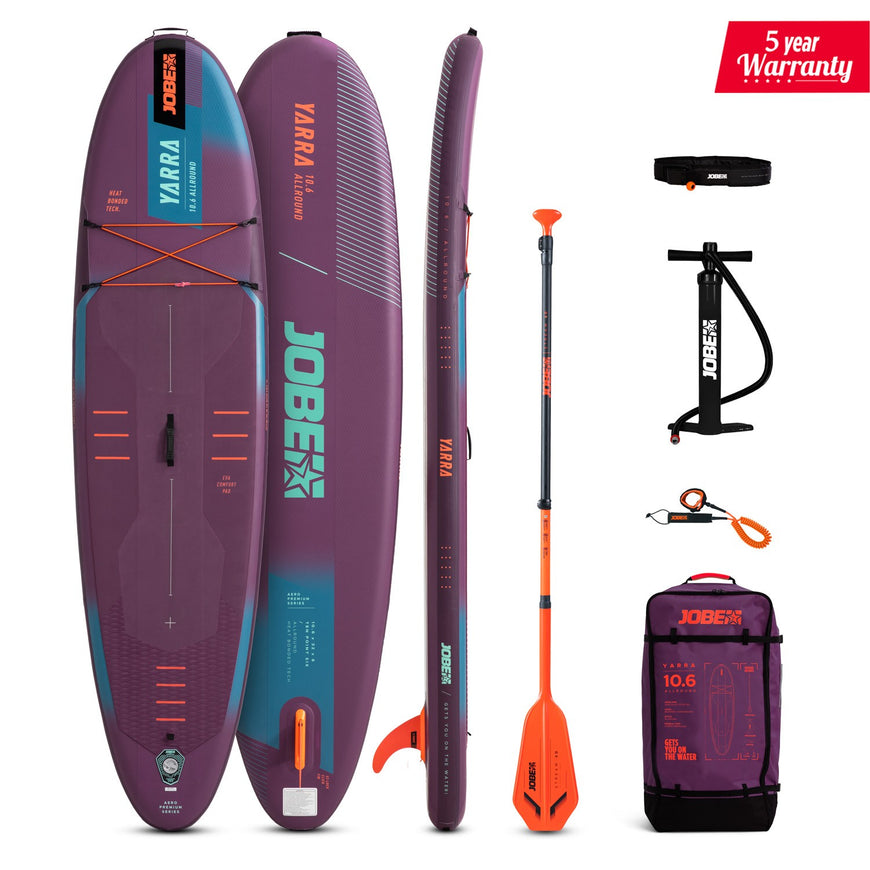 Jobe inflatable stand-up paddleboard with accessories on a white background