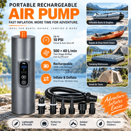 Rechargeable Two-Stage Air Pump with 6 Valve Adapters – 10 PSI