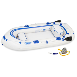 Inflatable boat with blue accents and accessories on a white background